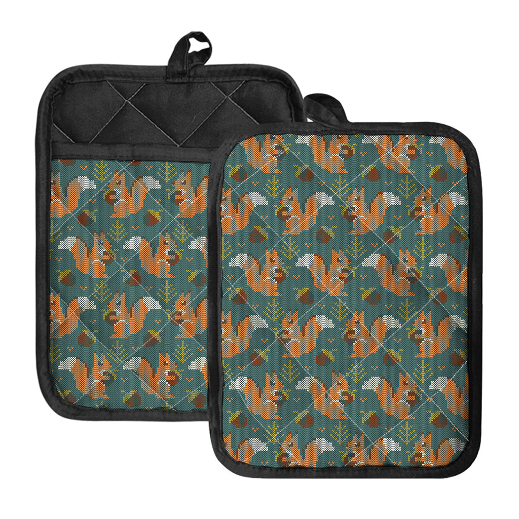 Squirrel Knitted Pattern Print Pot Holders With Pocket
