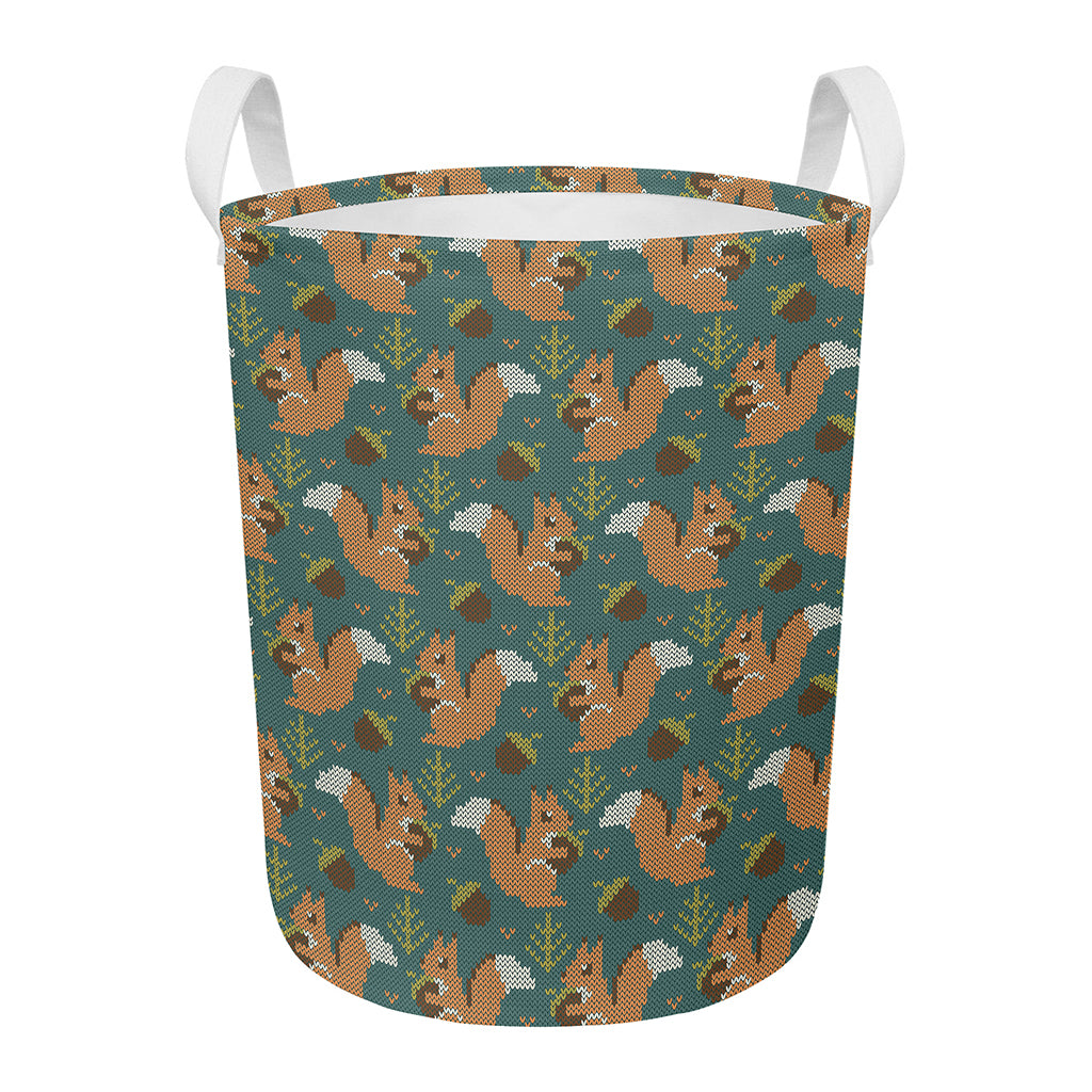 Squirrel Knitted Pattern Print Round Laundry Basket