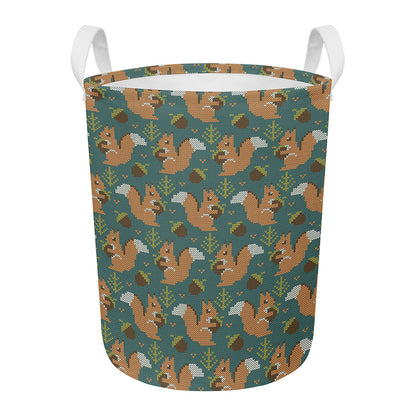 Squirrel Knitted Pattern Print Round Laundry Basket