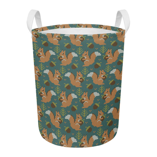 Squirrel Knitted Pattern Print Round Laundry Basket