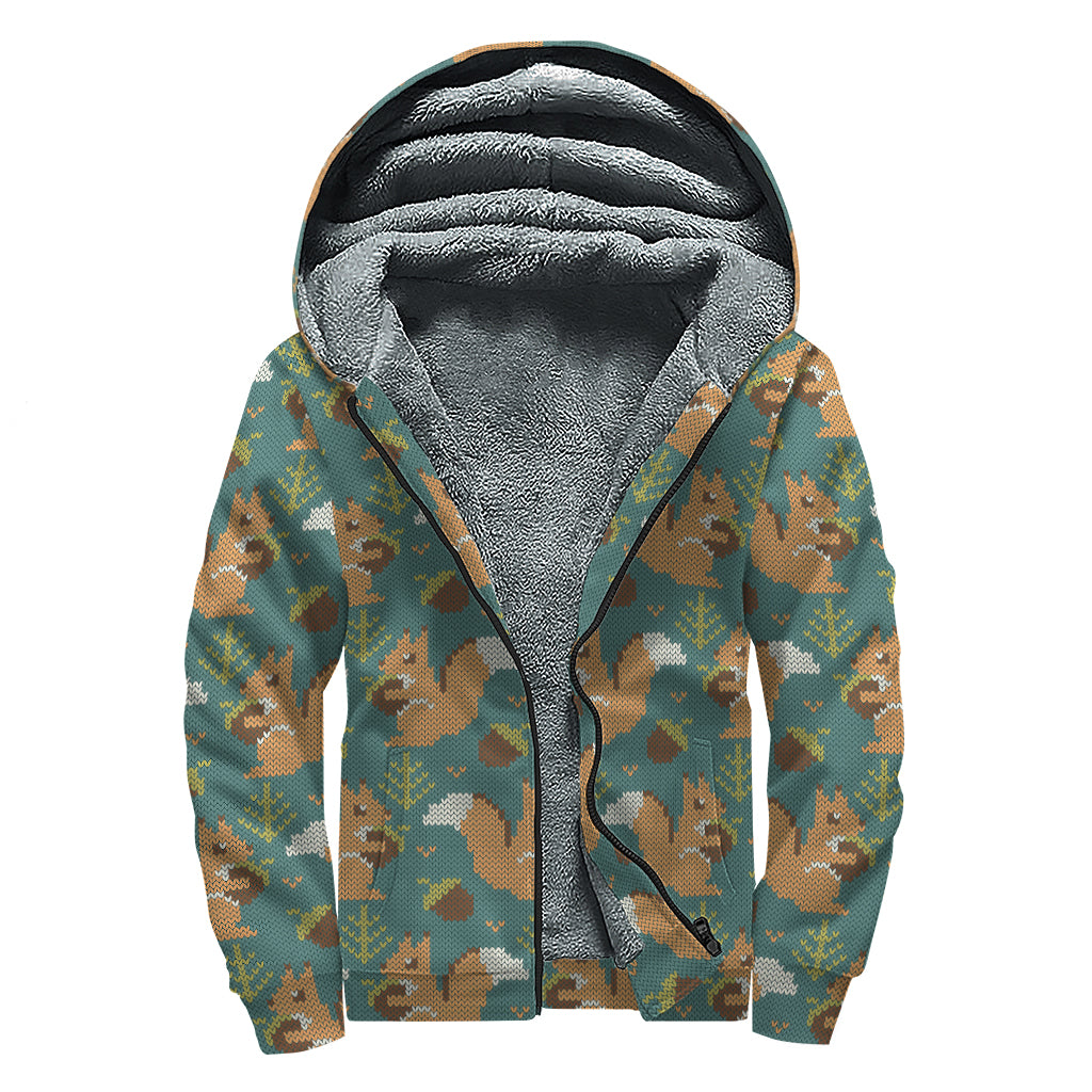 Squirrel Knitted Pattern Print Sherpa Lined Zip Up Hoodie