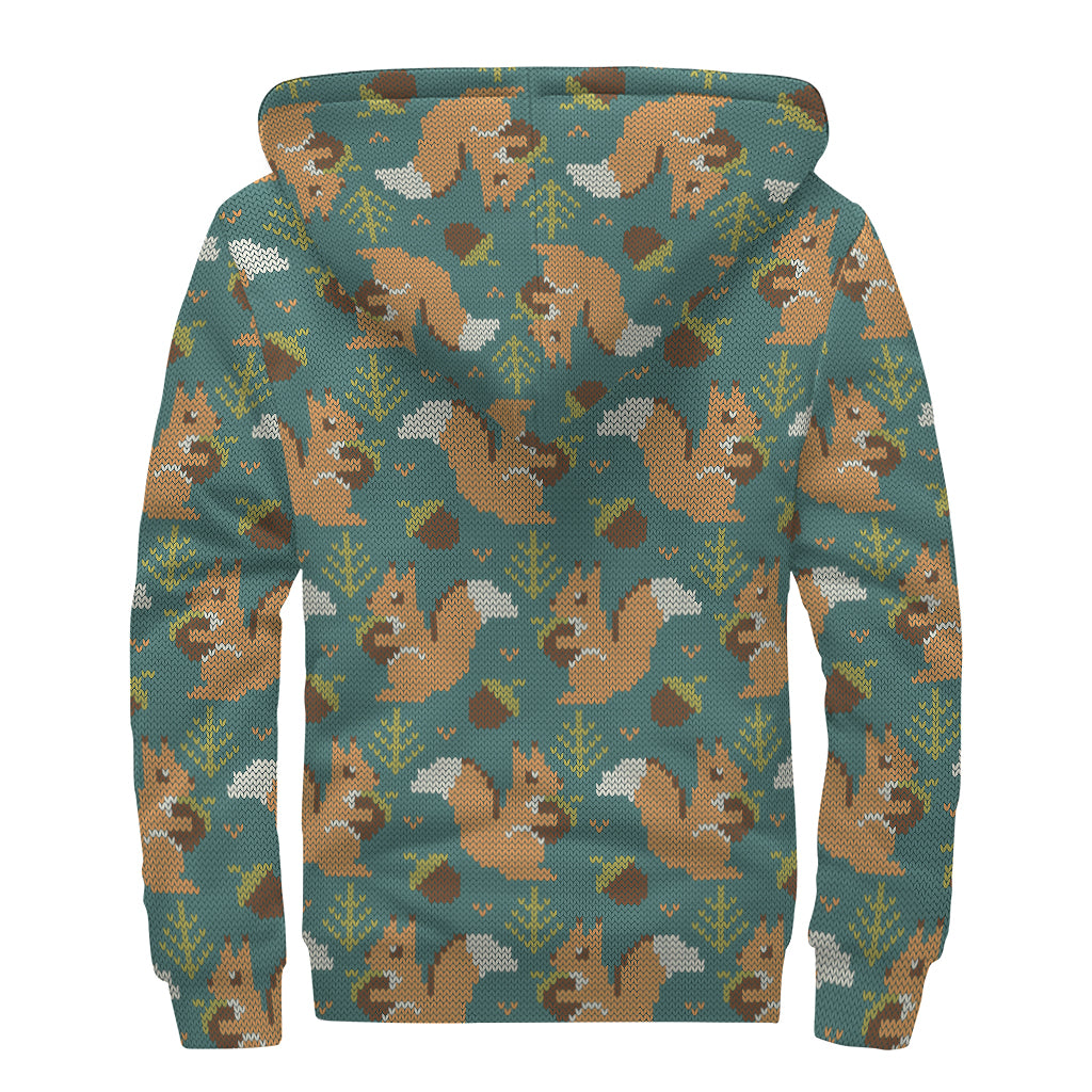 Squirrel Knitted Pattern Print Sherpa Lined Zip Up Hoodie