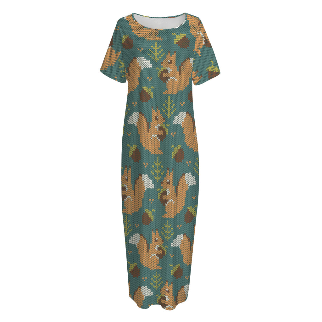 Squirrel Knitted Pattern Print Short Sleeve Long Nightdress