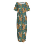 Squirrel Knitted Pattern Print Short Sleeve Long Nightdress