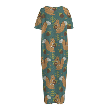 Squirrel Knitted Pattern Print Short Sleeve Long Nightdress