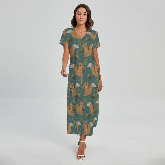 Squirrel Knitted Pattern Print Short Sleeve Maxi Dress