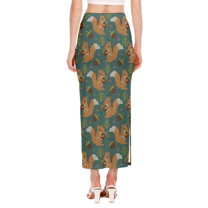 Squirrel Knitted Pattern Print Side Slit Maxi Skirt