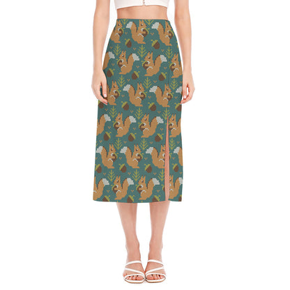 Squirrel Knitted Pattern Print Side Slit Midi Skirt