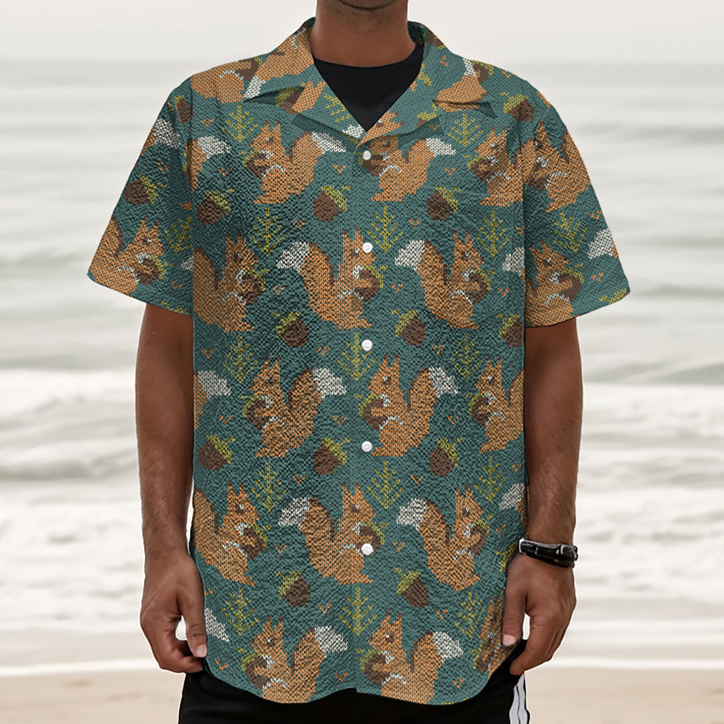 Squirrel Knitted Pattern Print Textured Short Sleeve Shirt