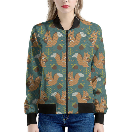 Squirrel Knitted Pattern Print Women's Bomber Jacket