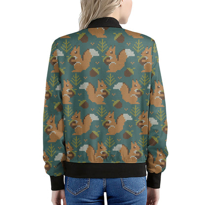 Squirrel Knitted Pattern Print Women's Bomber Jacket