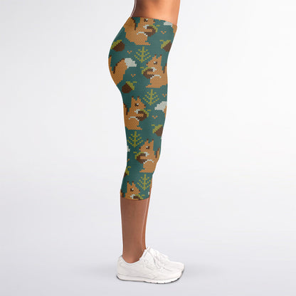 Squirrel Knitted Pattern Print Women's Capri Leggings