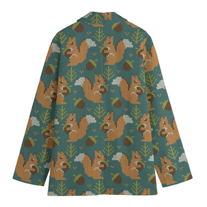 Squirrel Knitted Pattern Print Women's Cotton Blazer