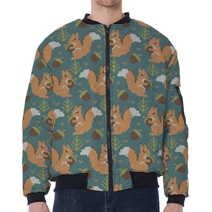 Squirrel Knitted Pattern Print Zip Sleeve Bomber Jacket