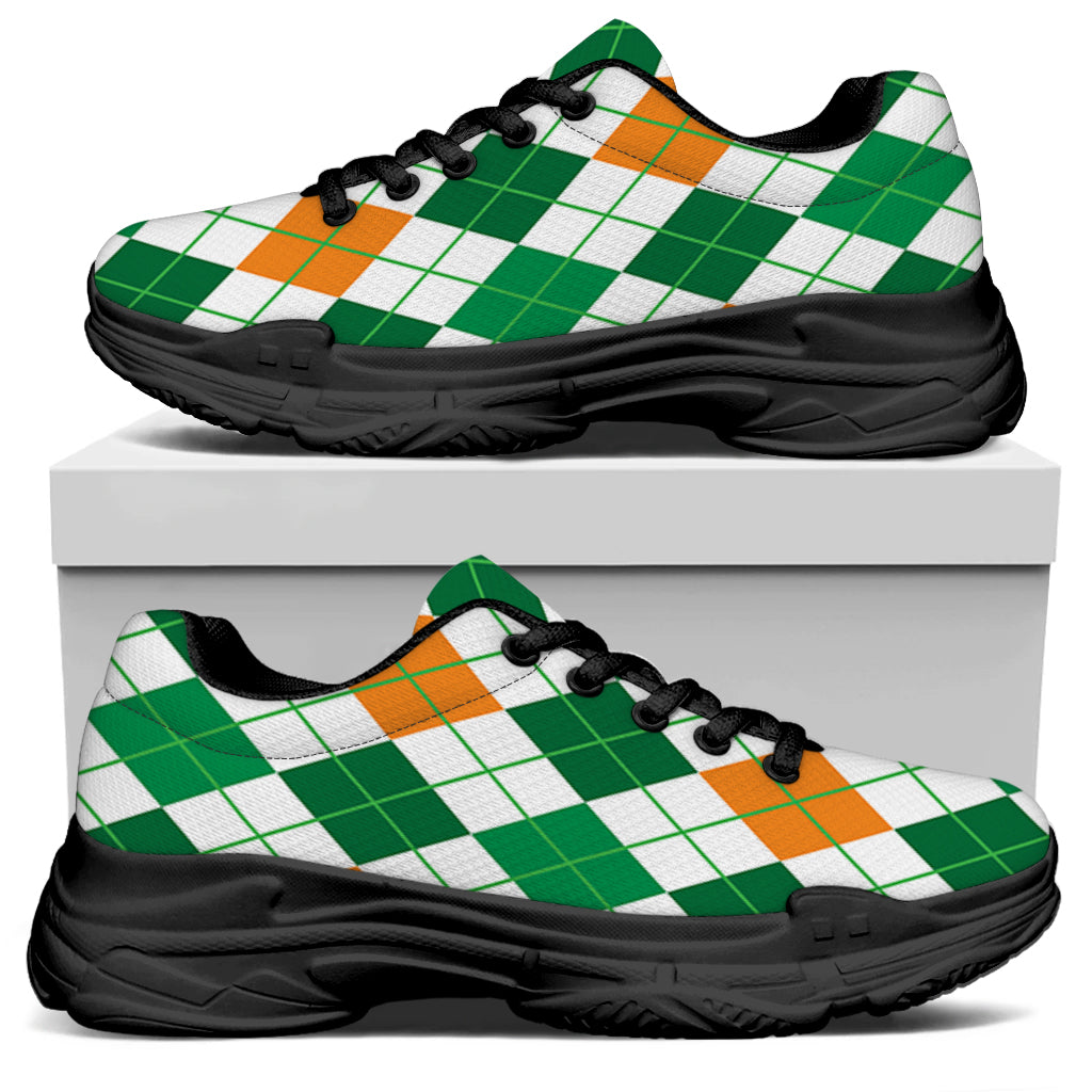 St Patrick's Day Argyle Pattern Print Black Chunky Shoes