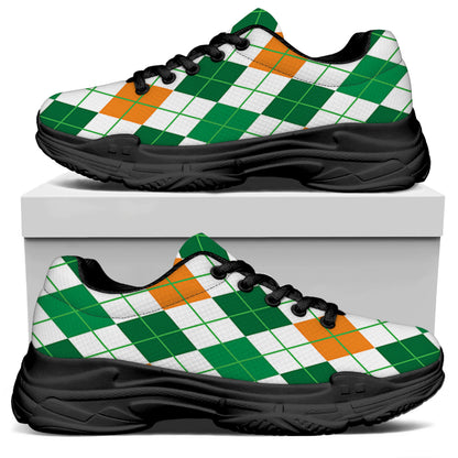 St Patrick's Day Argyle Pattern Print Black Chunky Shoes