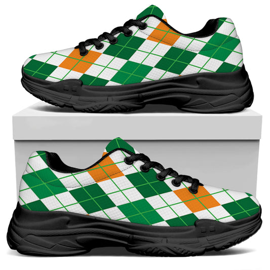 St Patrick's Day Argyle Pattern Print Black Chunky Shoes