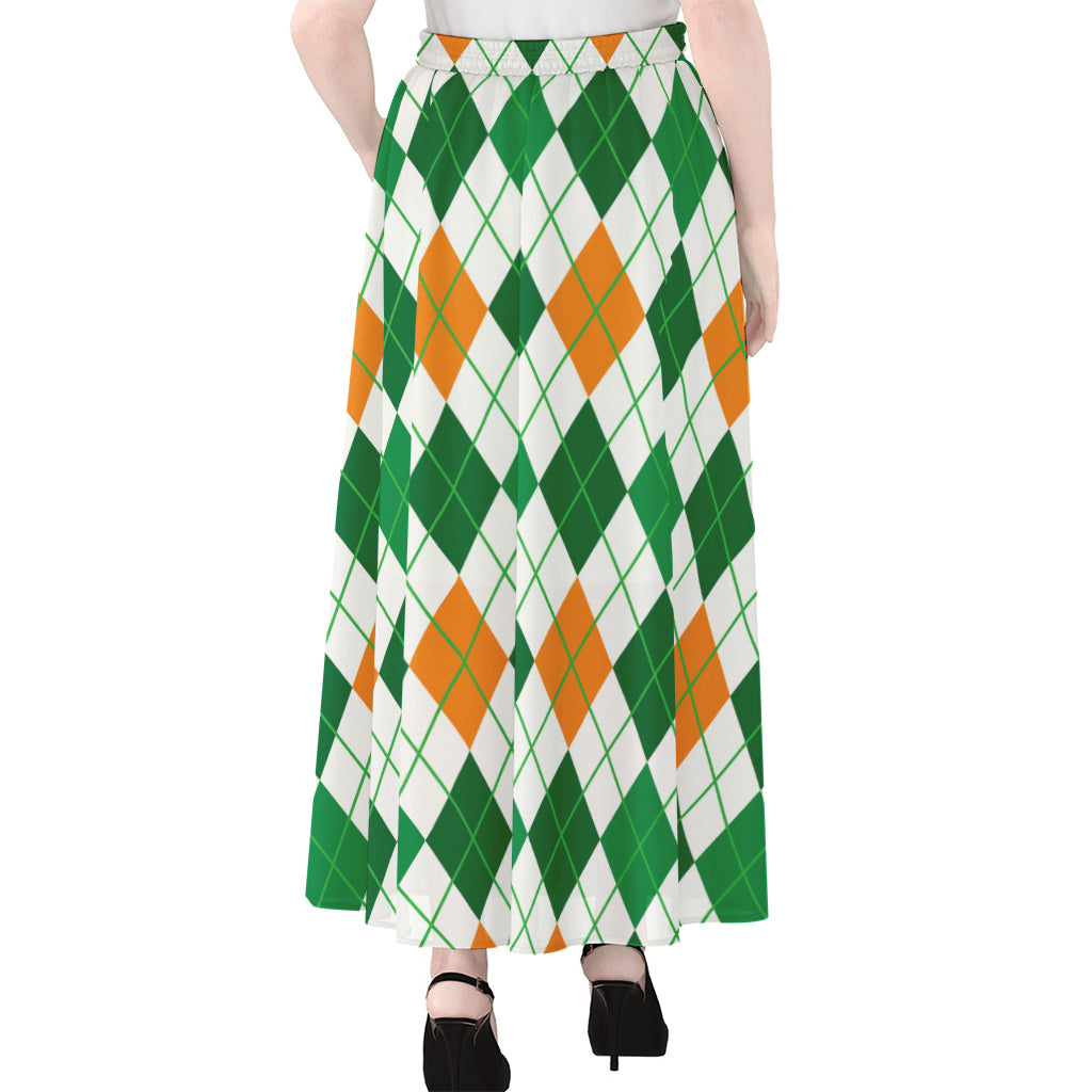 St Patrick's Day Argyle Pattern Print Chiffon Maxi Skirt