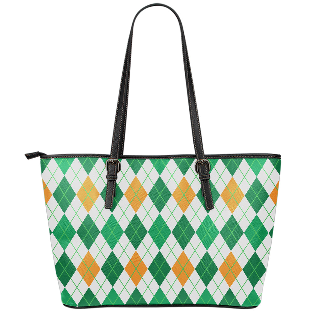 St Patrick's Day Argyle Pattern Print Leather Tote Bag