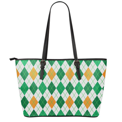 St Patrick's Day Argyle Pattern Print Leather Tote Bag