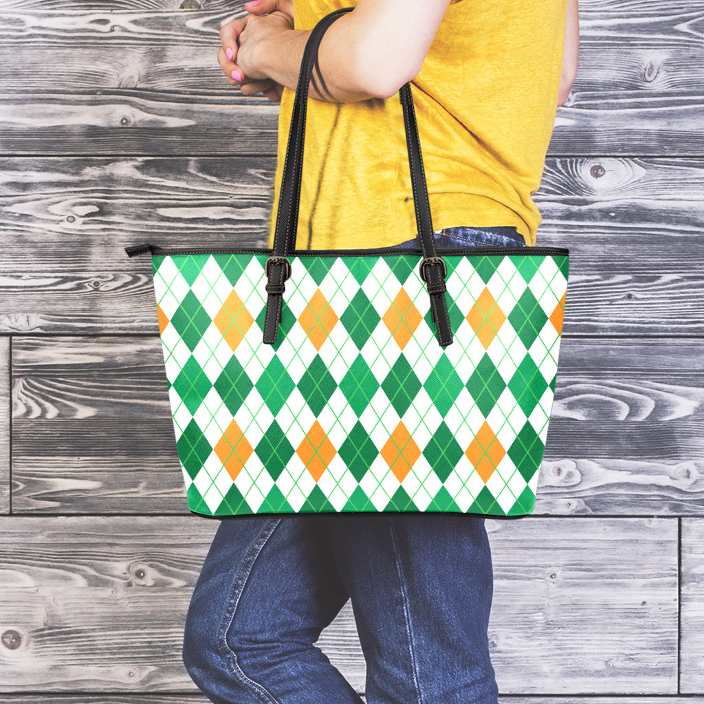 St Patrick's Day Argyle Pattern Print Leather Tote Bag