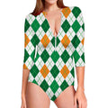 St Patrick's Day Argyle Pattern Print Long Sleeve Swimsuit