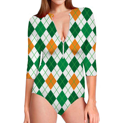 St Patrick's Day Argyle Pattern Print Long Sleeve Swimsuit