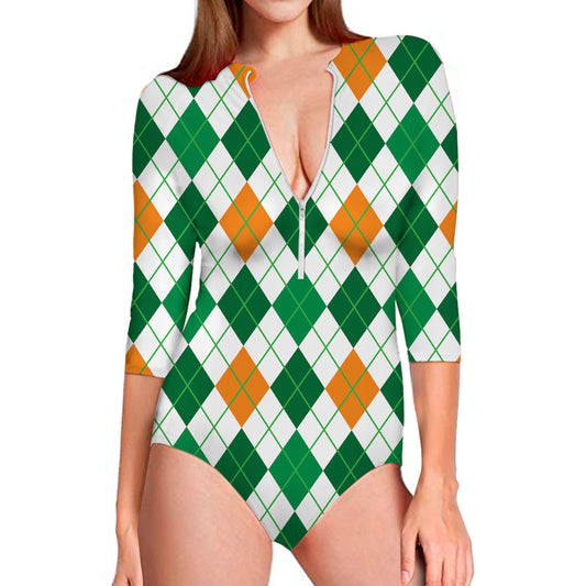 St Patrick's Day Argyle Pattern Print Long Sleeve Swimsuit