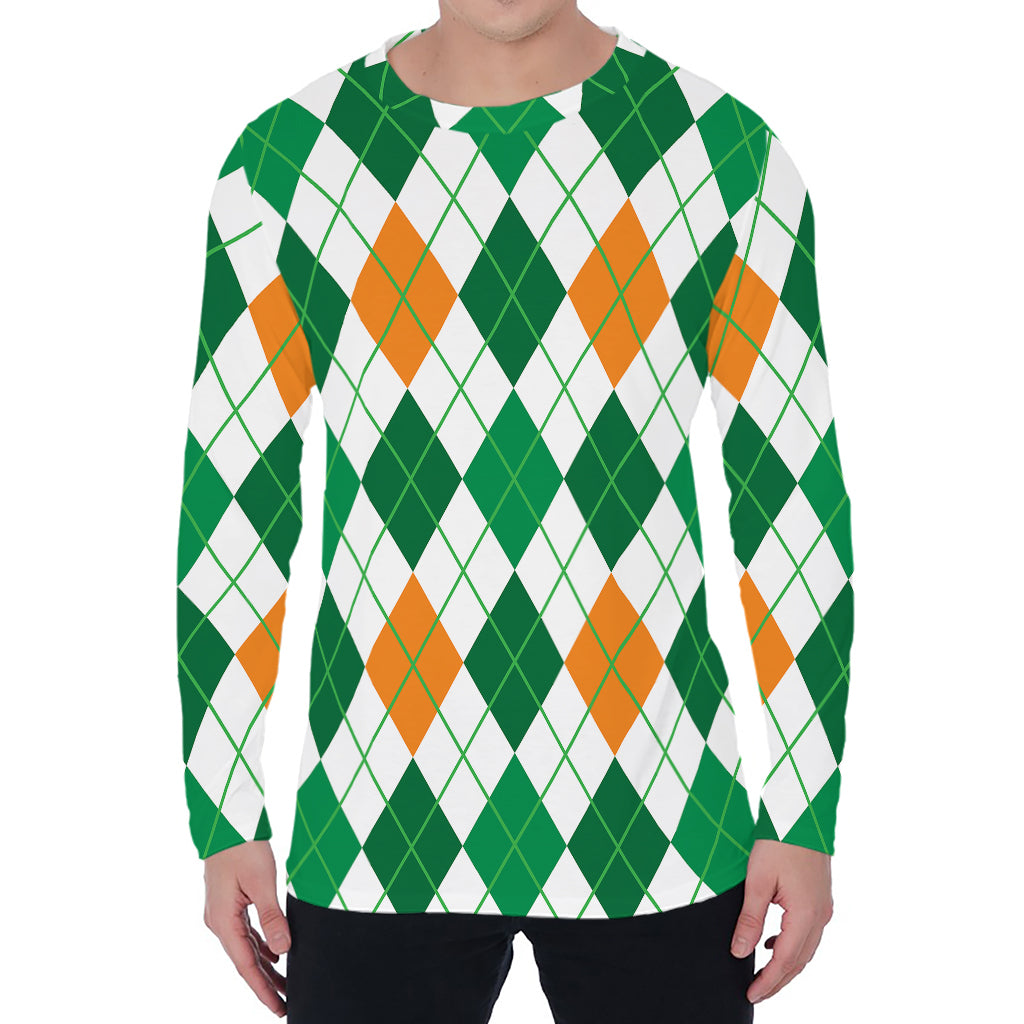 St Patrick's Day Argyle Pattern Print Men's Long Sleeve T-Shirt