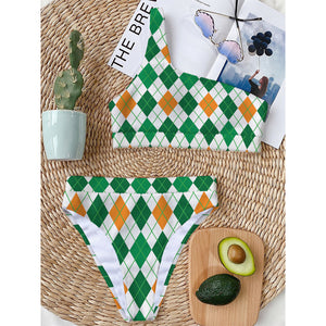 St Patrick's Day Argyle Pattern Print One Shoulder Bikini Top