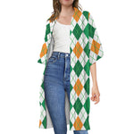 St Patrick's Day Argyle Pattern Print Open Front Beach Cover Up