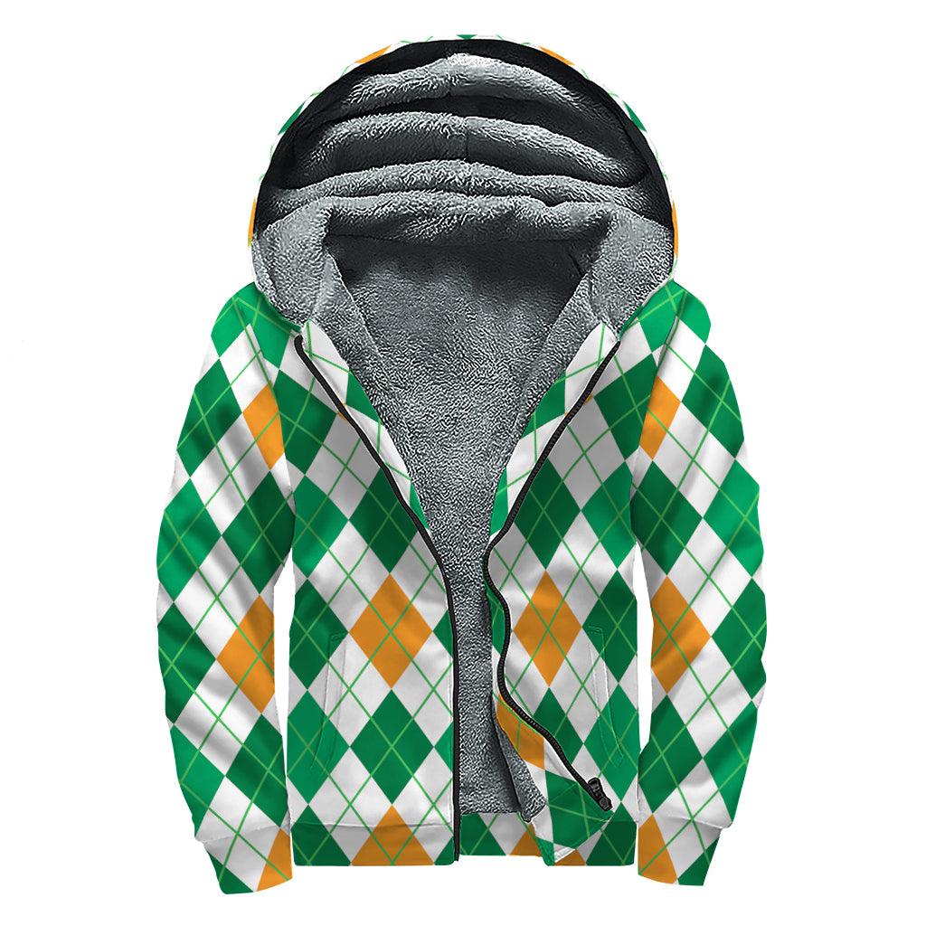 St Patrick's Day Argyle Pattern Print Sherpa Lined Zip Up Hoodie