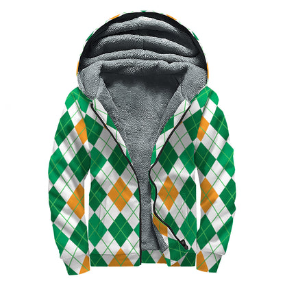 St Patrick's Day Argyle Pattern Print Sherpa Lined Zip Up Hoodie
