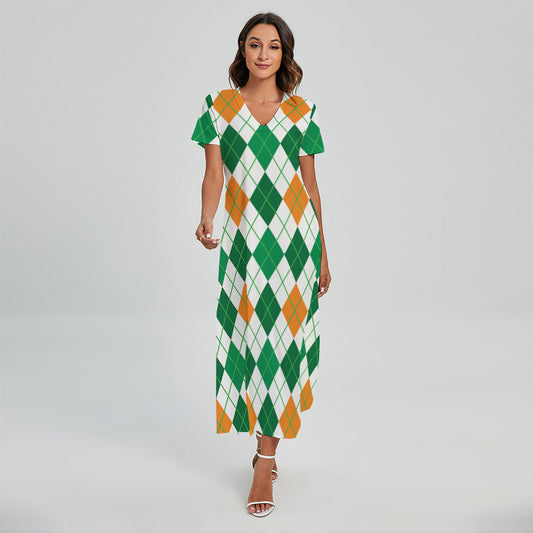 St Patrick's Day Argyle Pattern Print Short Sleeve Maxi Dress