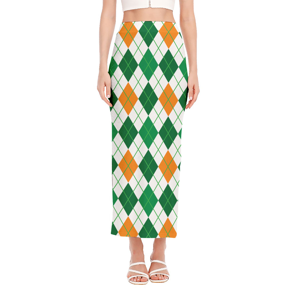 St Patrick's Day Argyle Pattern Print Side Slit Maxi Skirt