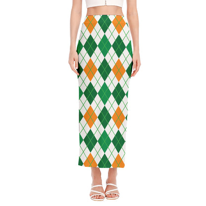 St Patrick's Day Argyle Pattern Print Side Slit Maxi Skirt