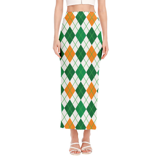 St Patrick's Day Argyle Pattern Print Side Slit Maxi Skirt
