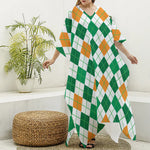 St Patrick's Day Argyle Pattern Print Silk V-Neck Kaftan Dress