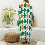 St Patrick's Day Argyle Pattern Print Silk V-Neck Kaftan Dress