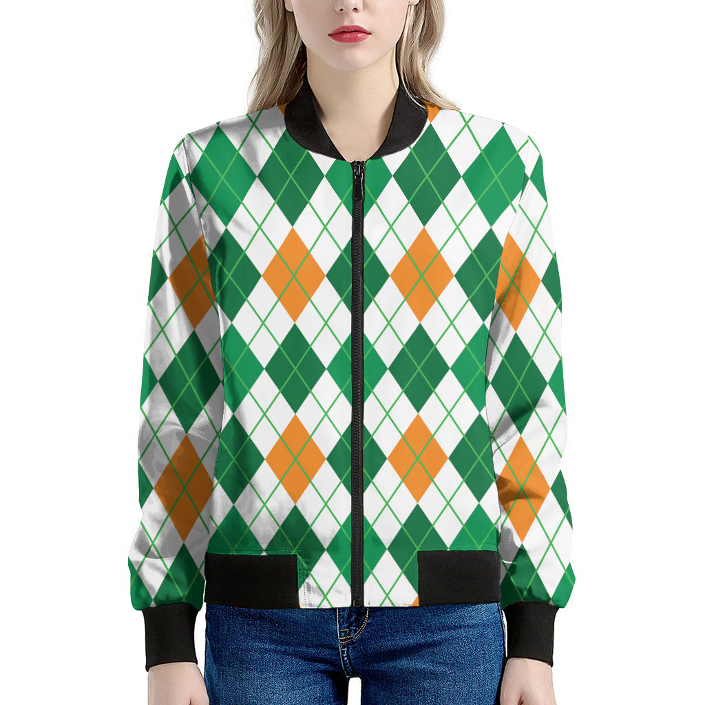St Patrick's Day Argyle Pattern Print Women's Bomber Jacket