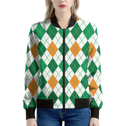St Patrick's Day Argyle Pattern Print Women's Bomber Jacket