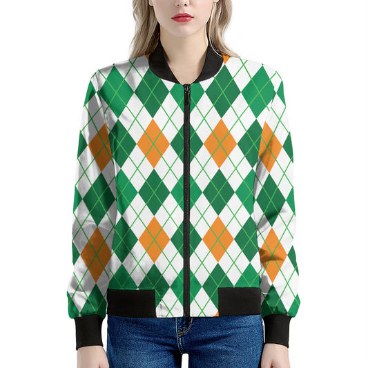 St Patrick's Day Argyle Pattern Print Women's Bomber Jacket