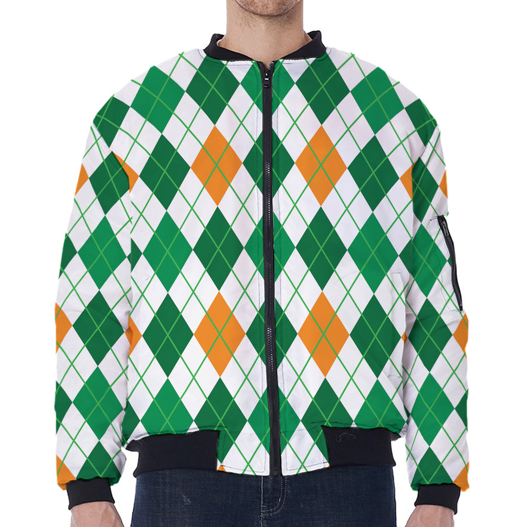 St Patrick's Day Argyle Pattern Print Zip Sleeve Bomber Jacket