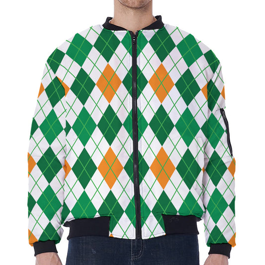 St Patrick's Day Argyle Pattern Print Zip Sleeve Bomber Jacket
