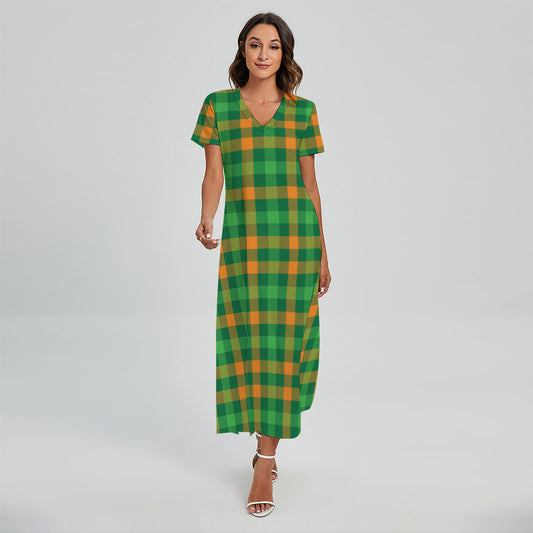 St. Patrick's Day Buffalo Check Print Short Sleeve Maxi Dress