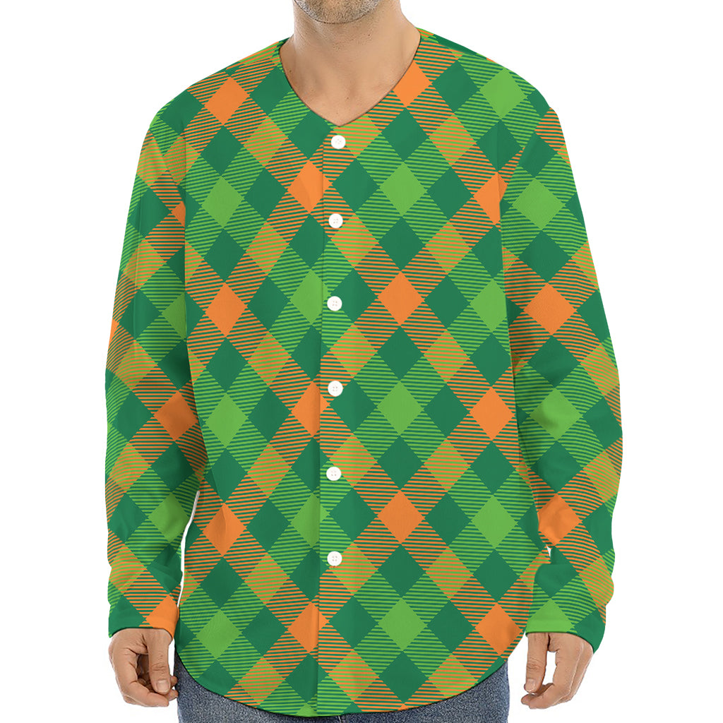 St. Patrick's Day Buffalo Pattern Print Long Sleeve Baseball Jersey