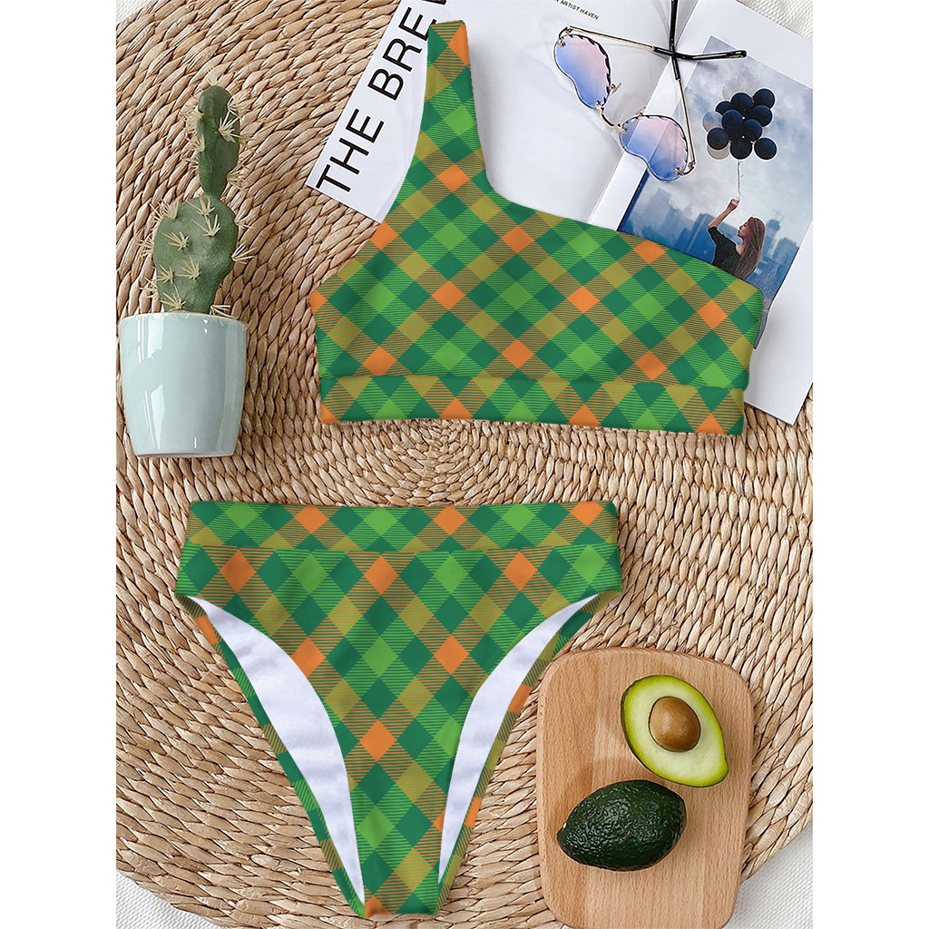 St. Patrick's Day Buffalo Pattern Print One Shoulder Bikini Top