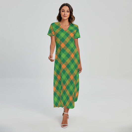 St. Patrick's Day Buffalo Pattern Print Short Sleeve Maxi Dress