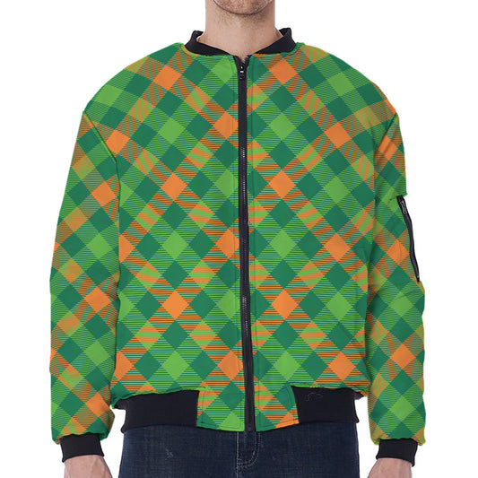 St. Patrick's Day Buffalo Pattern Print Zip Sleeve Bomber Jacket