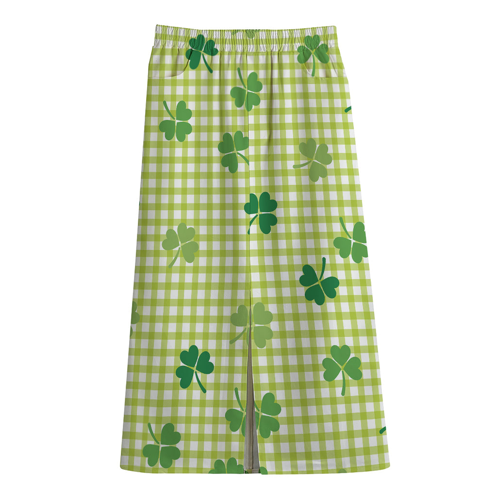 St. Patrick's Day Buffalo Plaid Print Cotton Front Slit Maxi Skirt